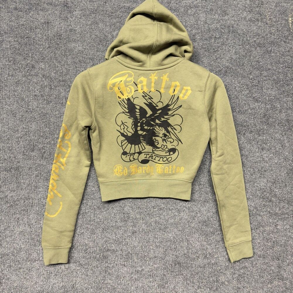 Ed Hardy Hoodie Womens XS Green Cropped Full Zip Tattoo Graphic Skull Eagle Y2K - Picture 2 of 12